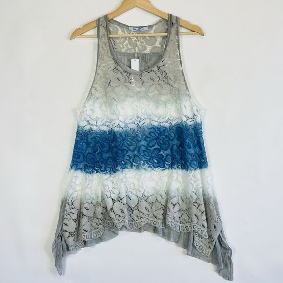 Elsie & Zoey Grey‎ Blue Lace Flared Beach Tank Top Shirt Womens Small Medium NEW - Picture 1 of 11